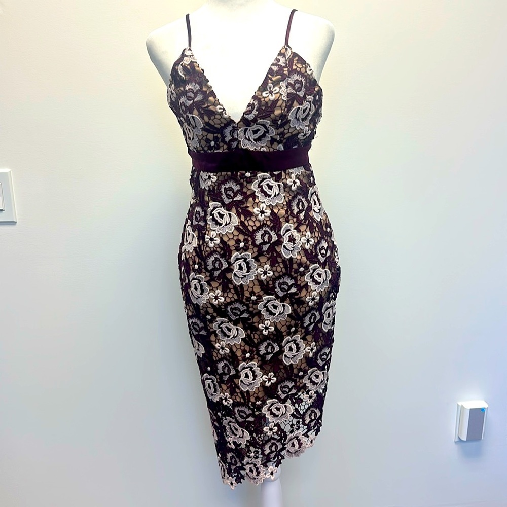 Bardot Dalia Burgundy Floral Lace Midi Dress Sz. XXS US 2 EUR34